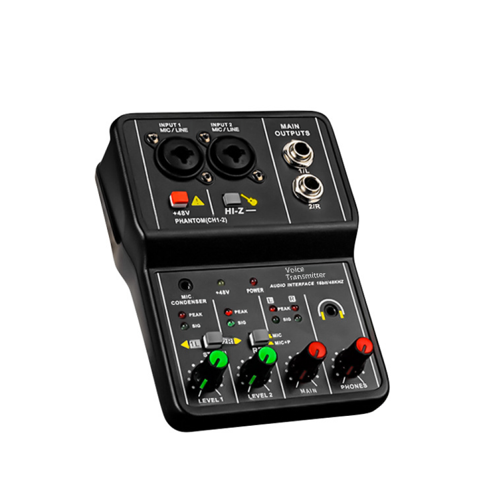 Ein schwarzes Audio-Interface mit verschiedenen Ein- und Ausgängen und Bedienknöpfen.