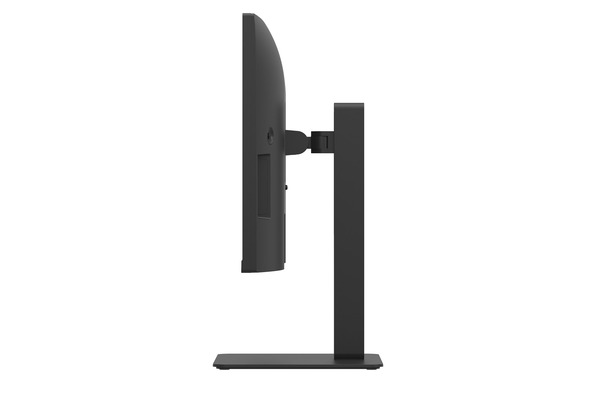 Widok z boku czarnego monitora komputera na stojaku. Monitor jest cienki i ma prosty design.