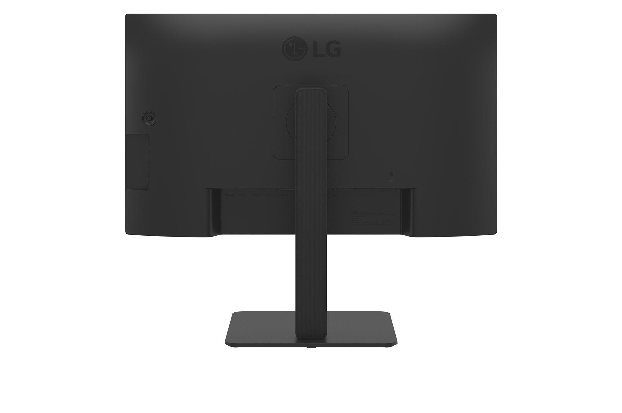 Czarny monitor komputera, widok z tyłu. Pokazuje porty, podstawę i logo LG. Podstawa jest wyśrodkowana.