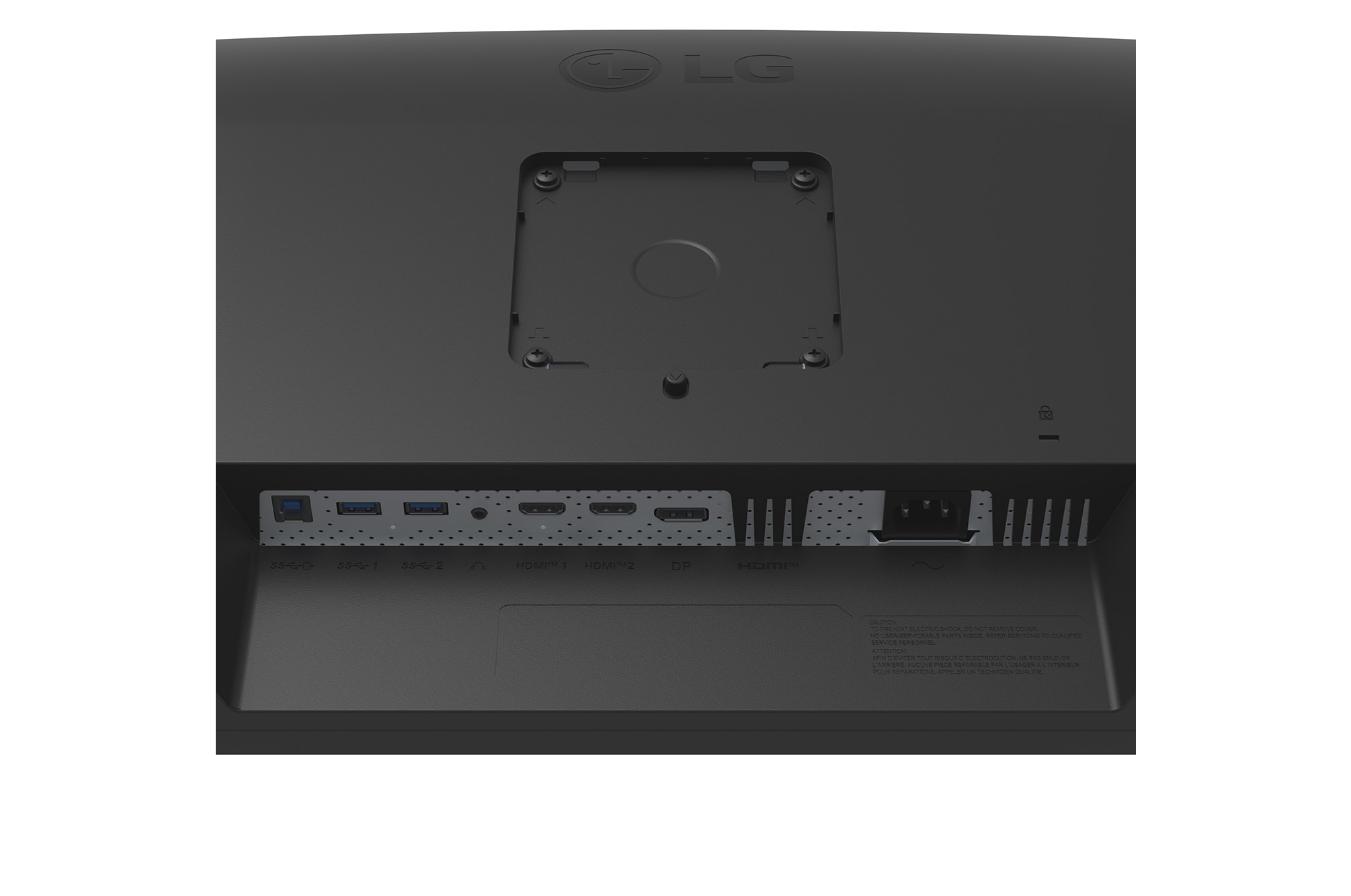 Tył czarnego monitora z portami i podłączeniem zasilania.