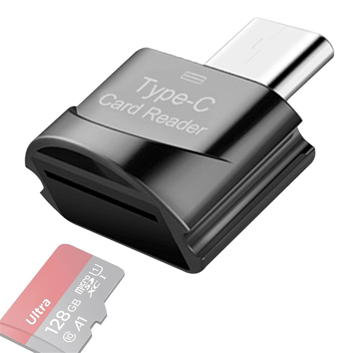 Ein schwarzer Type-C-Kartenleser mit eingelegter Micro-SD-Karte. Auf der Karte steht 'Ultra 128GB A1'.