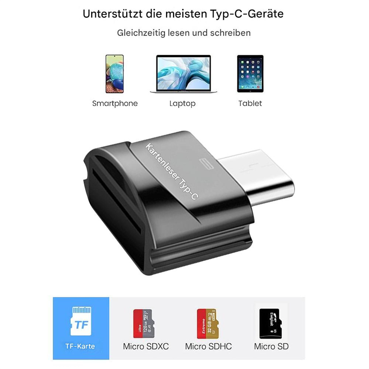 Ein schwarzer Kartenleser mit USB-C-Anschluss, drei Mobilgeräte oben und SD-Kartentypen unten.