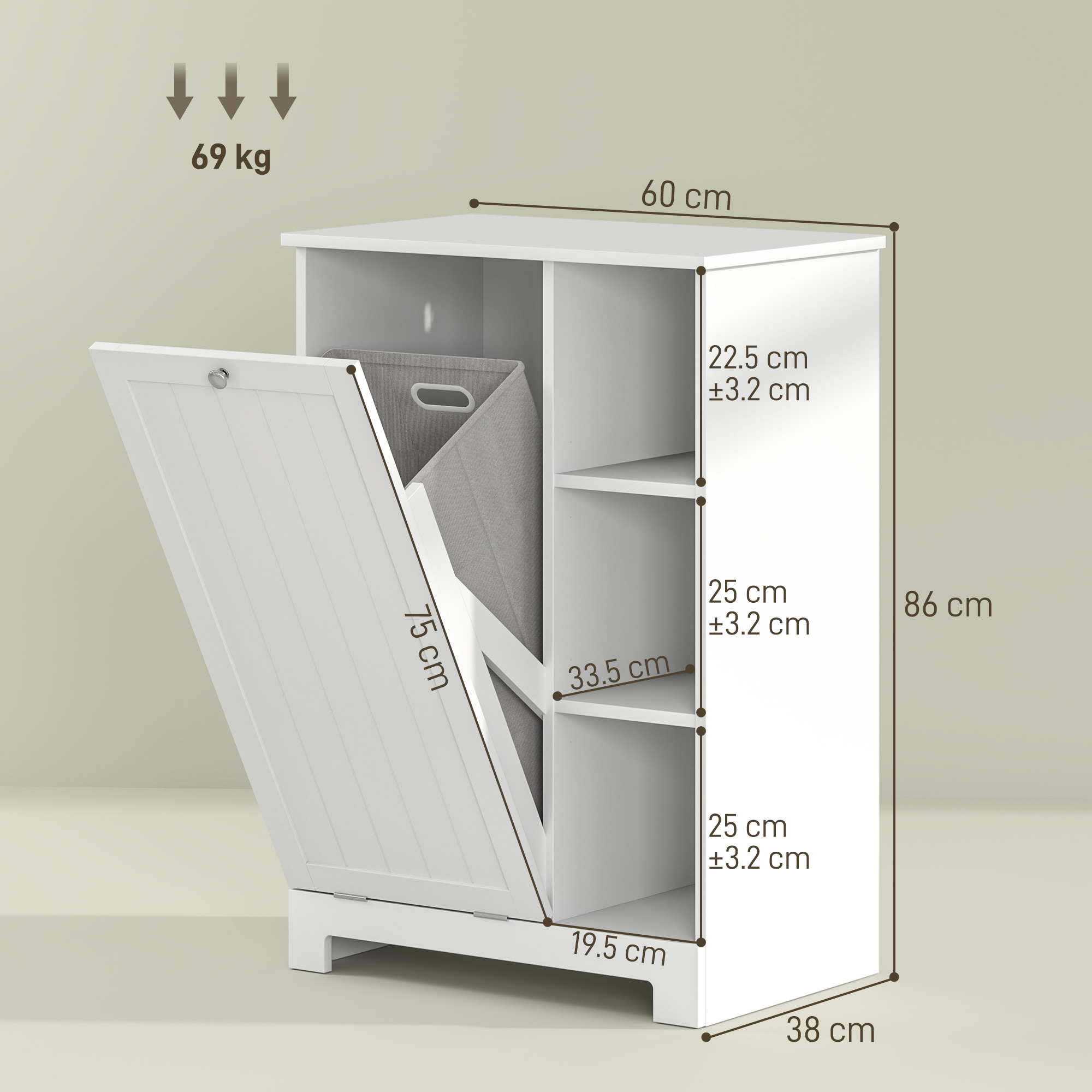 Un mobile bianco con dimensioni etichettate.
