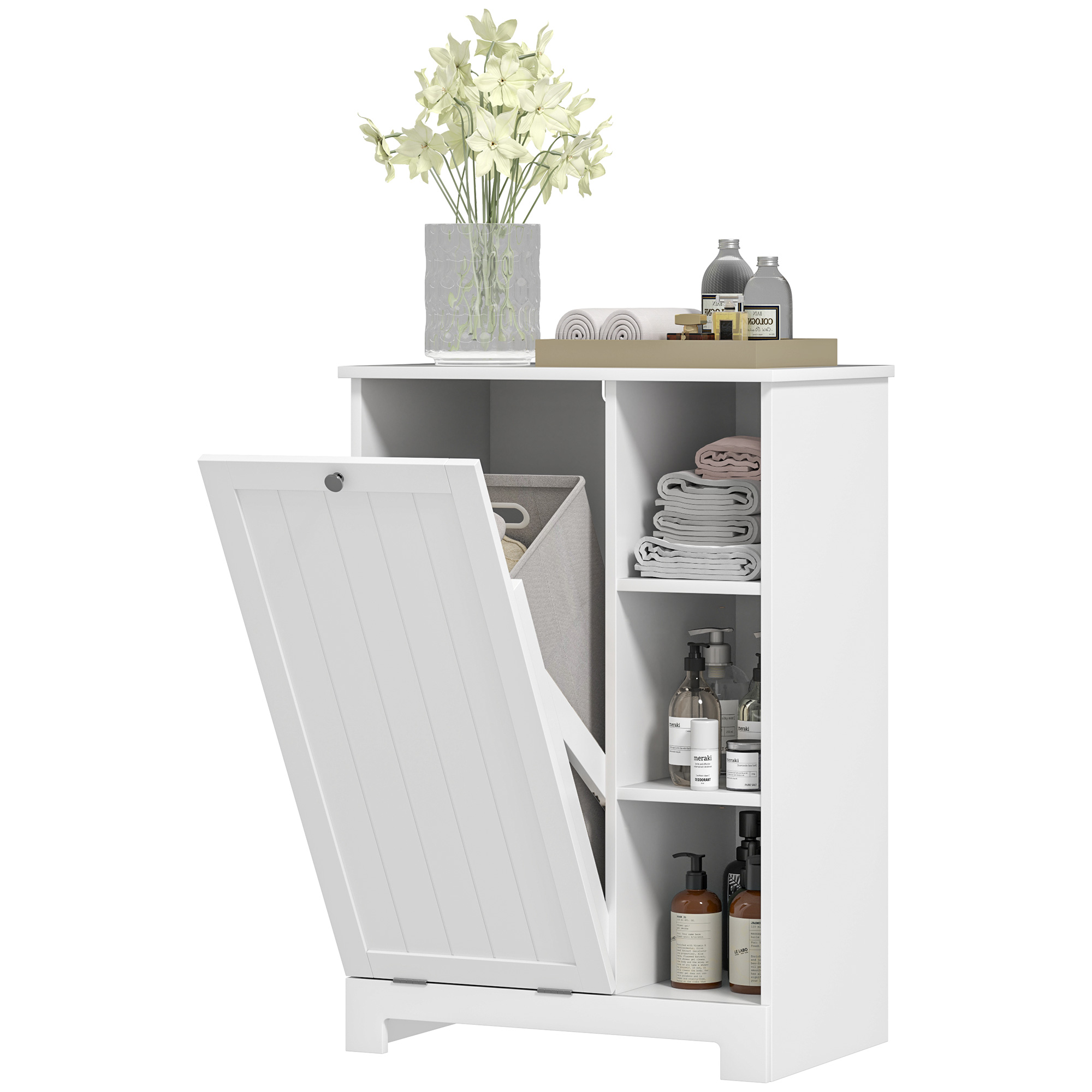 Mobile bianco con porta aperta, cesto della biancheria e articoli da toeletta.
