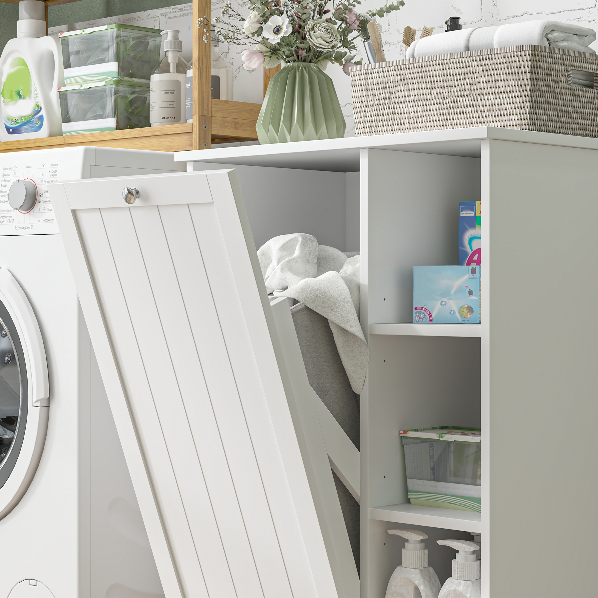 Mobile bianco con porta aperta, forniture per il bucato e decorazioni.