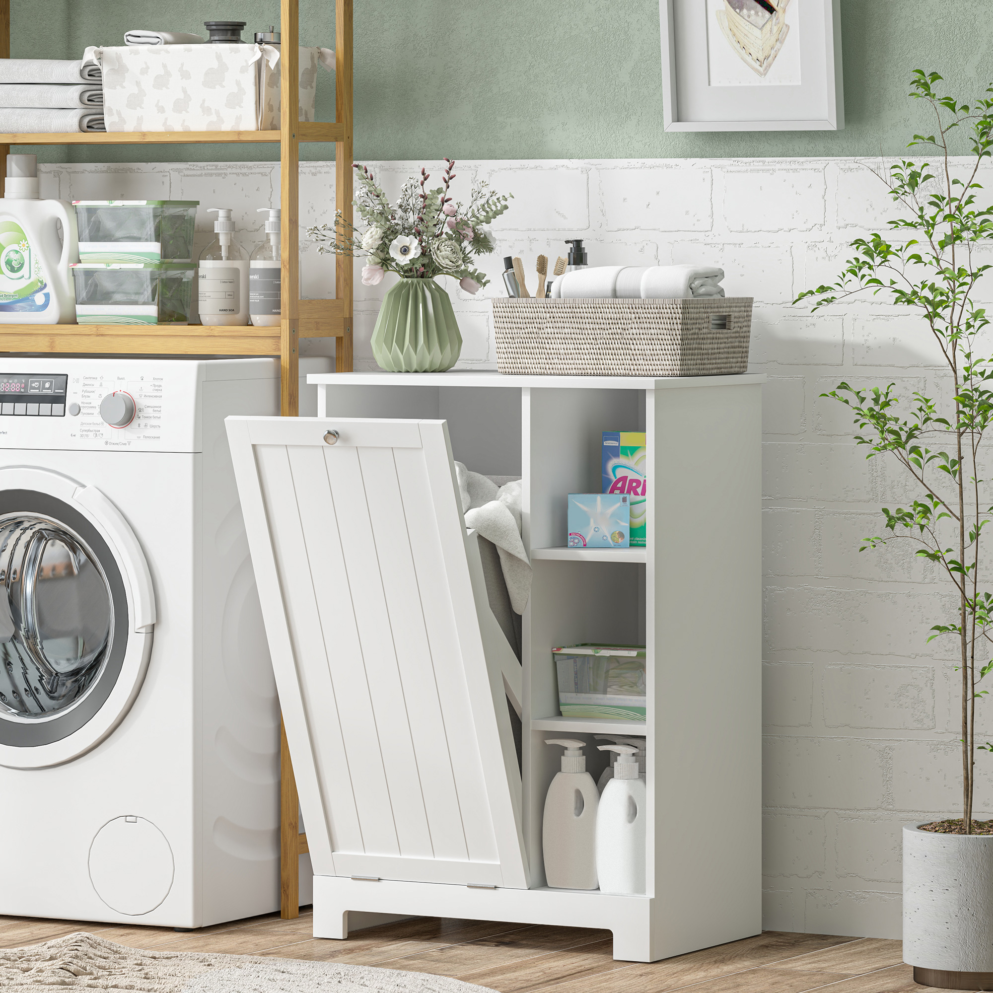 Un mobile bianco con porta aperta, forniture per il bucato e decorazioni.