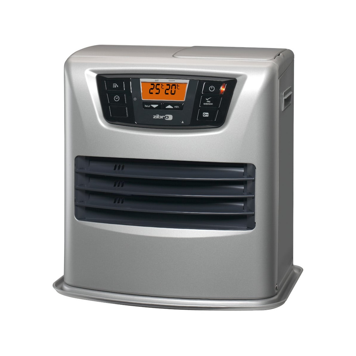 Un termoventilatore elettrico argentato con display digitale e pulsanti; la parte superiore mostra 25°C e 20°C.