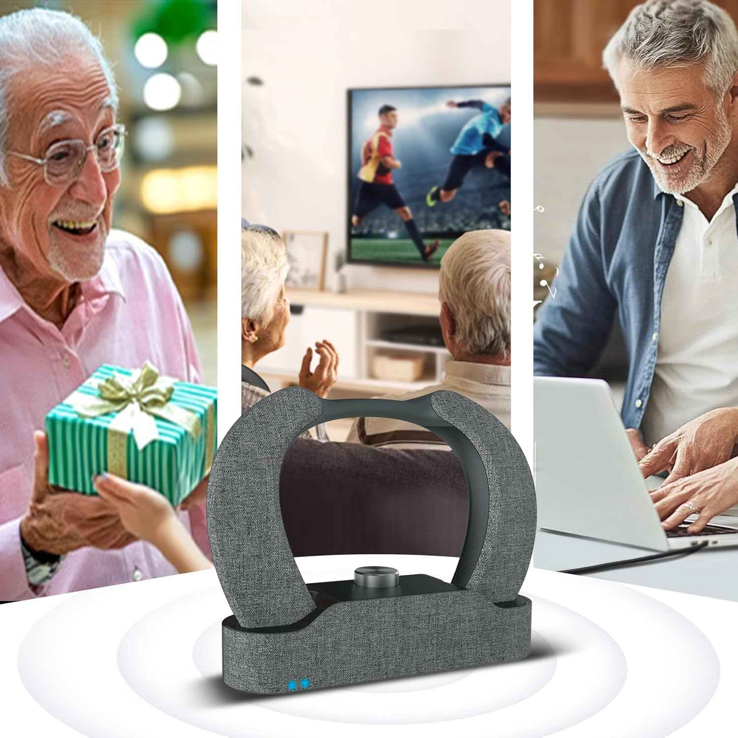 Ein älterer Mann bekommt ein Geschenk, mit einem Nackenlautsprecher und Laptop.