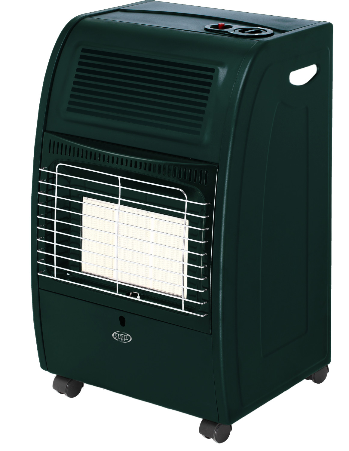 Un termoventilatore a gas verde scuro con ruote su sfondo bianco.