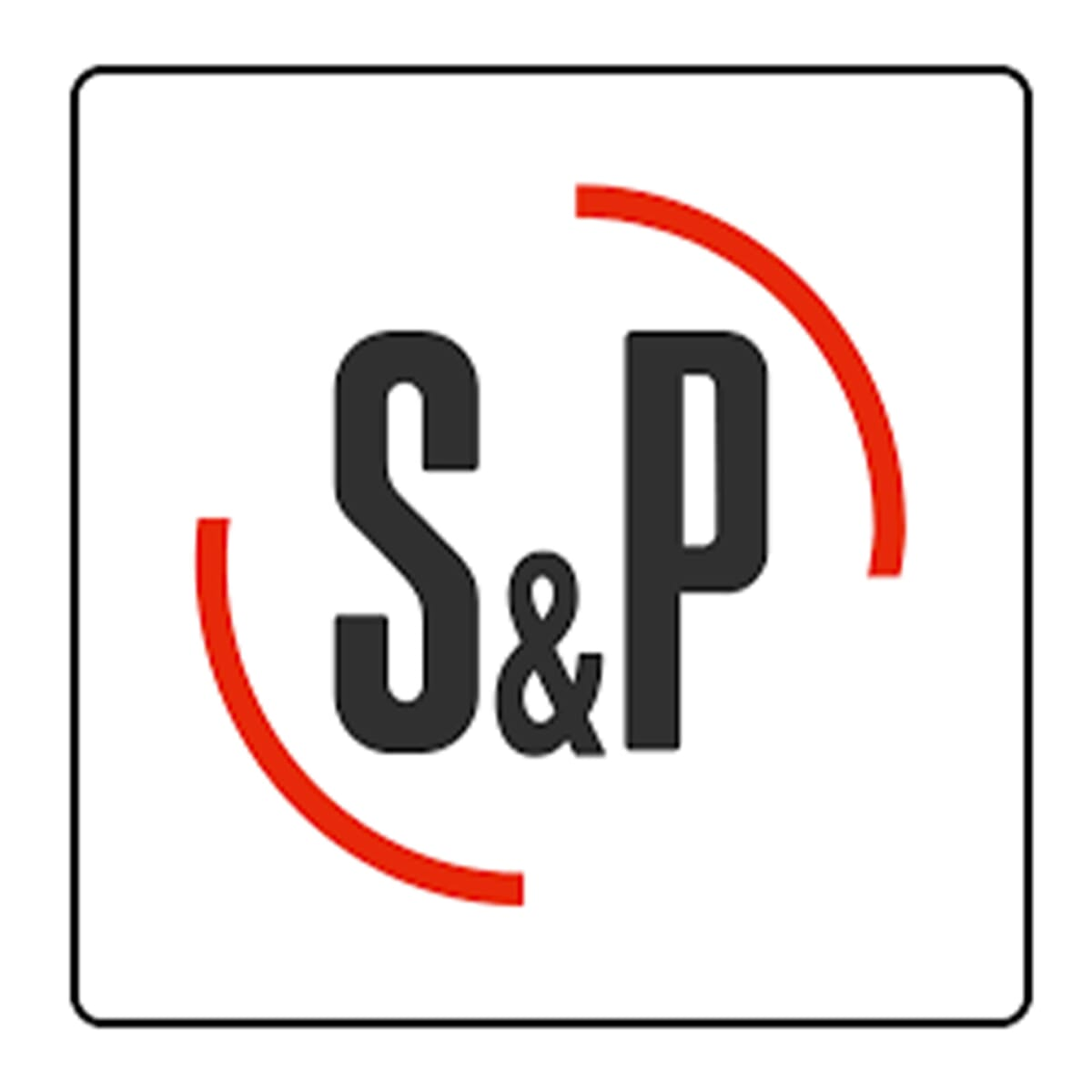 Logo mit schwarzen Buchstaben 'S&P' in einem weißen Quadrat. Rote gebogene Linien umgeben die Buchstaben.