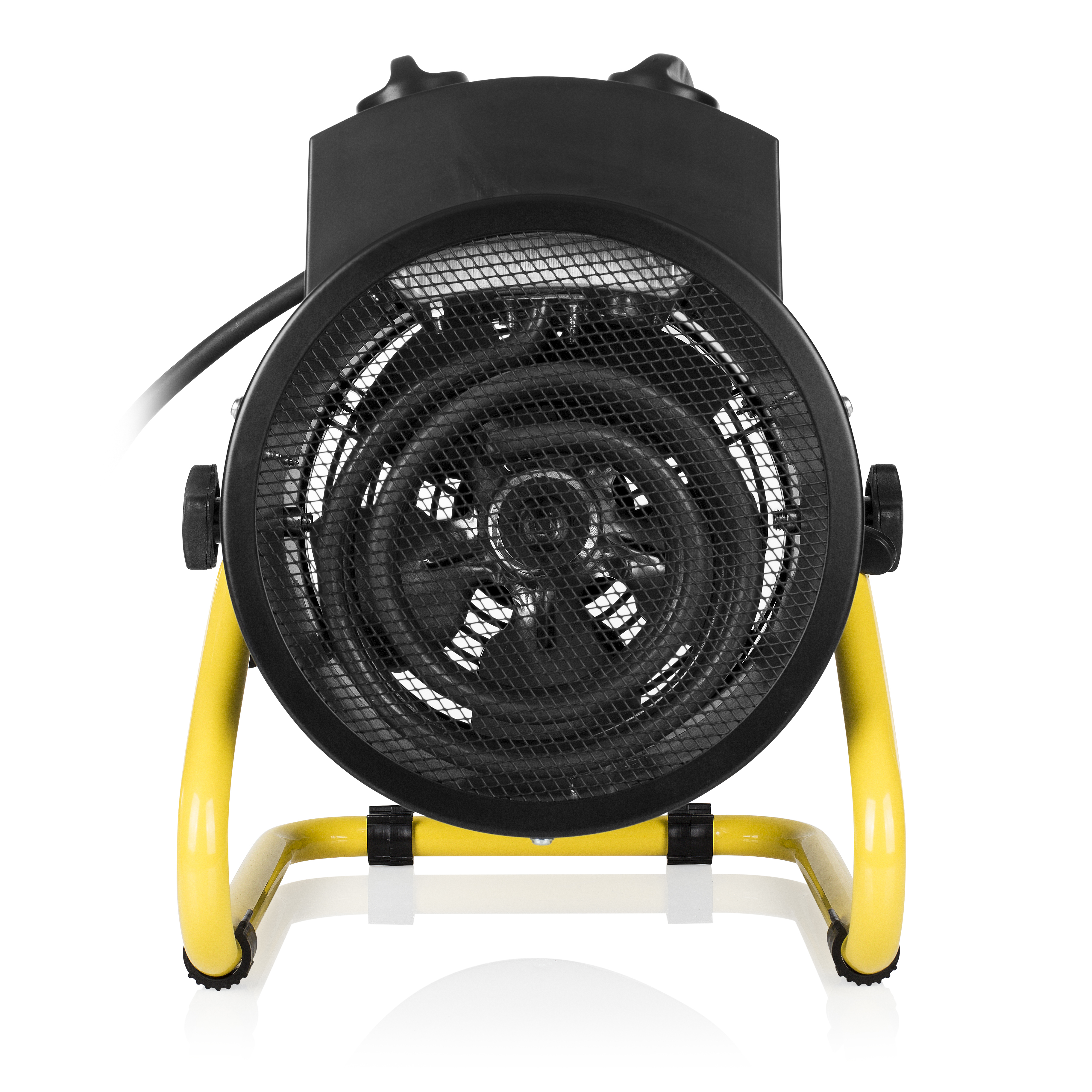 Un termoventilatore nero con supporto giallo. La ventola è protetta da una griglia metallica.