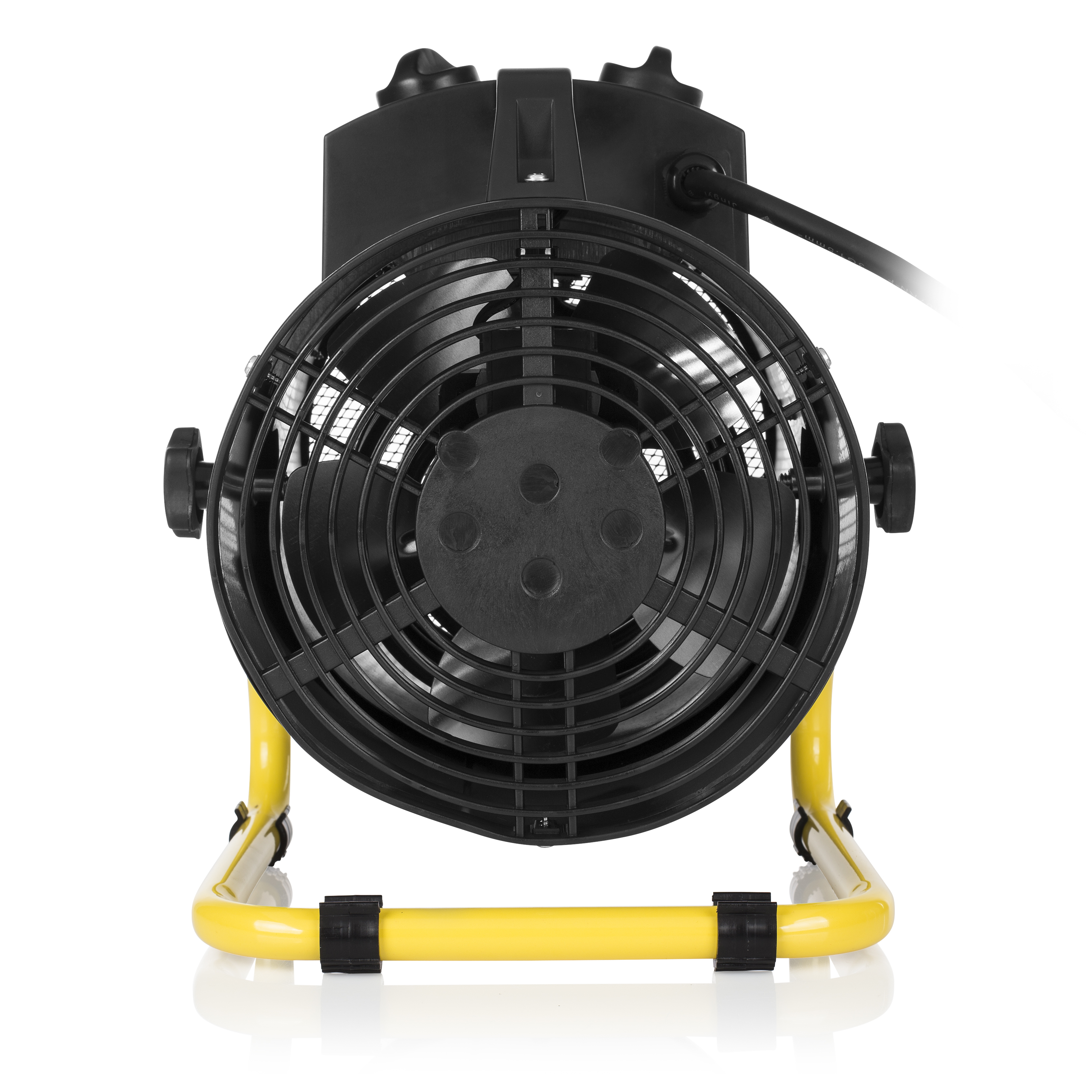 Un termoventilatore nero con base gialla. La ventola è protetta da una rete.