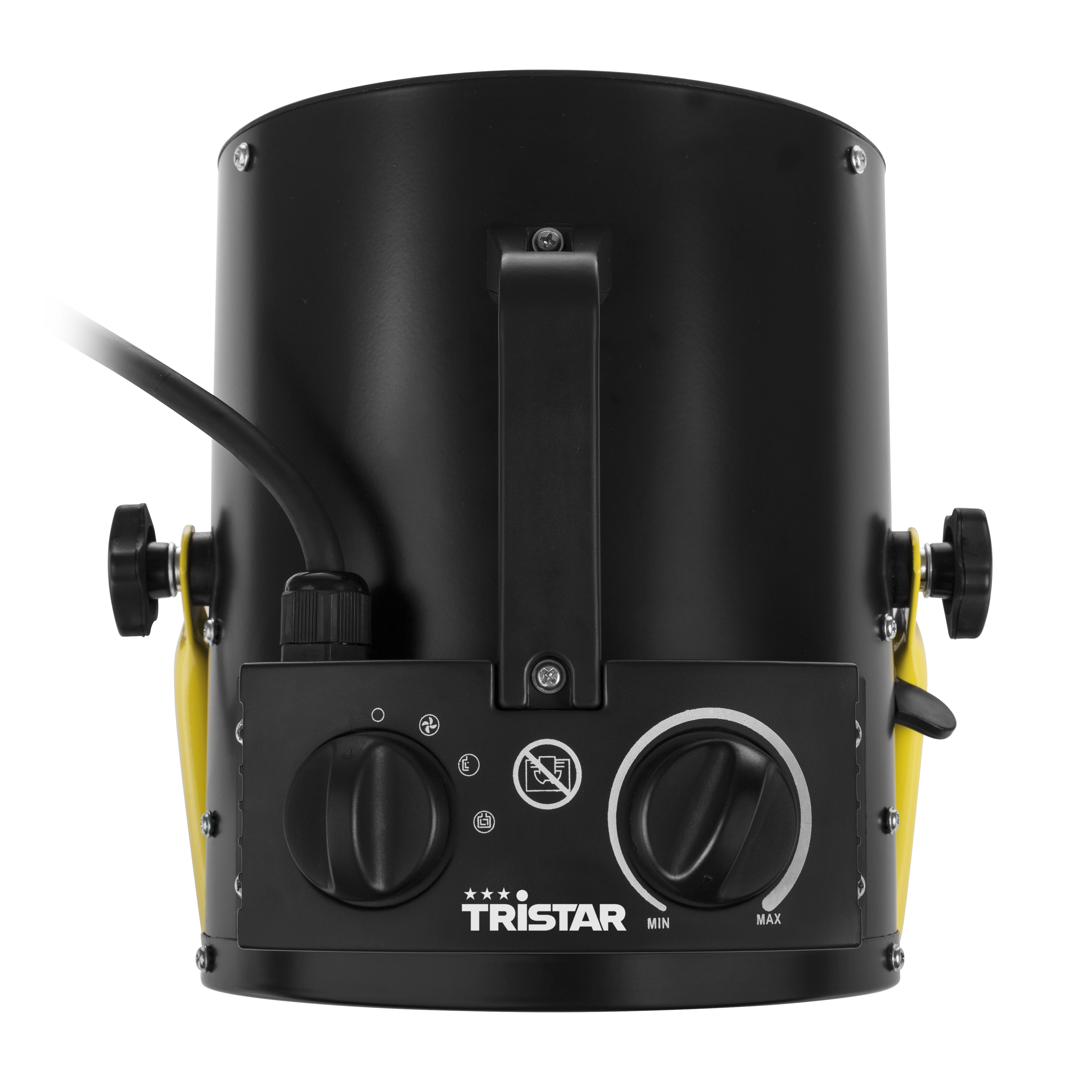 Un termoventilatore elettrico nero e giallo con manopole e il logo Tristar.