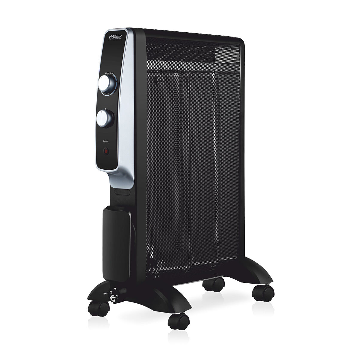 Un termoventilatore elettrico nero con ruote, manopole e un pannello di controllo argentato.
