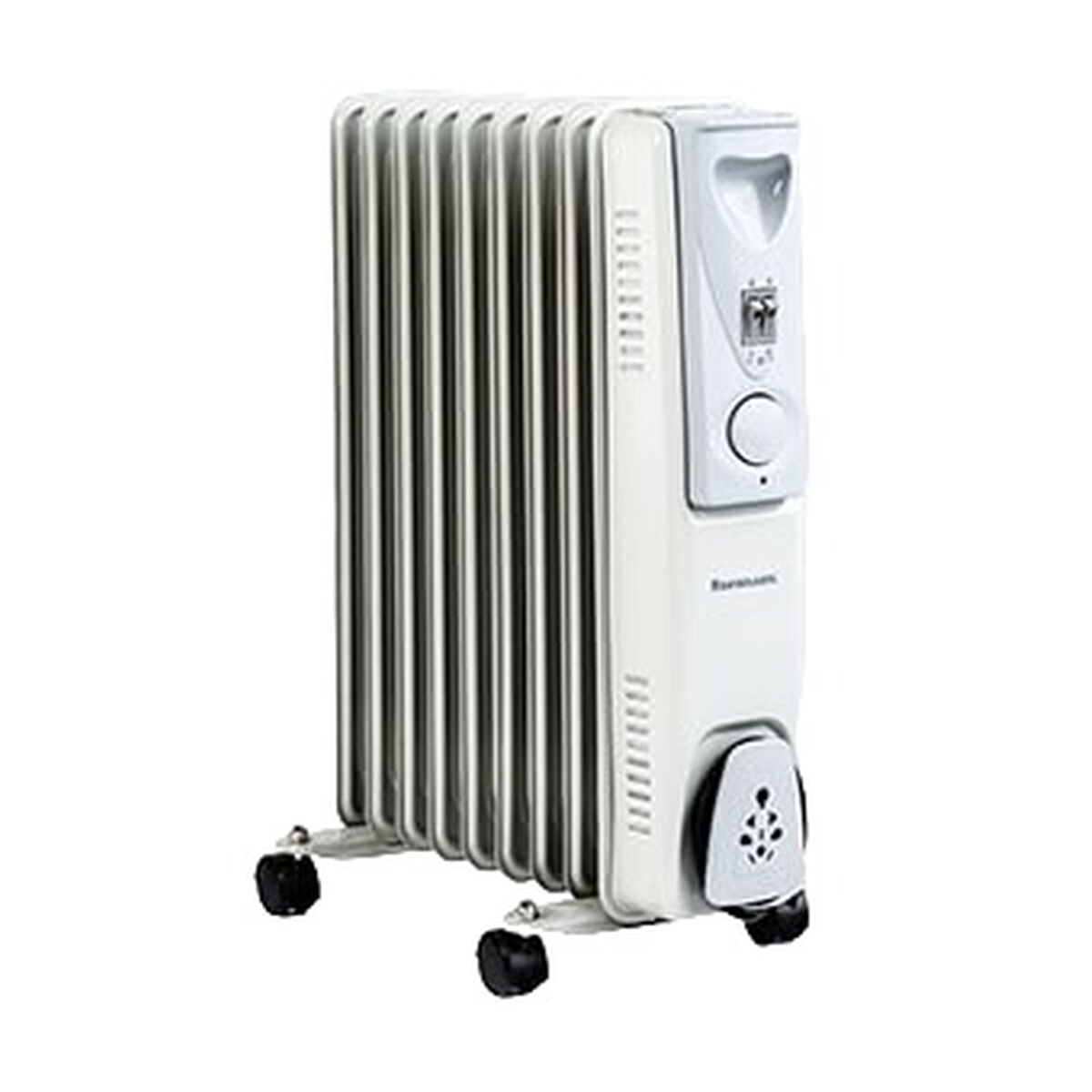 Un radiatore bianco ad olio con ruote nere e un pannello di controllo bianco è isolato su uno sfondo bianco.