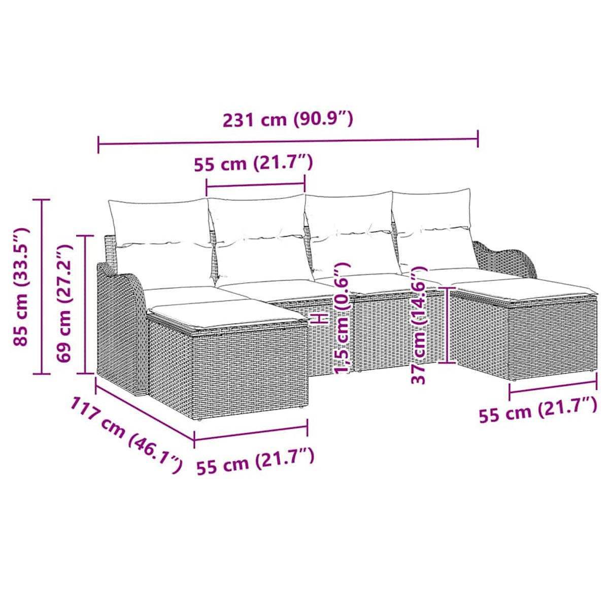 Ein Korbsessel-Set mit Abmessungen. Enthält ein Sofa, ein Eckteil und einen Tisch.