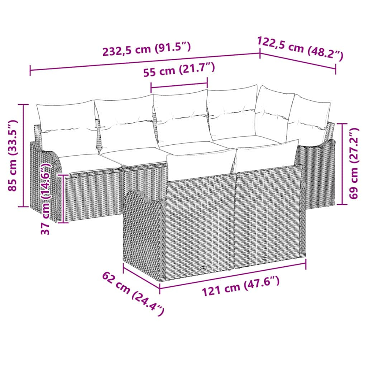 Geflochtenes Sofaset mit Maßen. Es hat ein Ecksofa und einen Tisch.