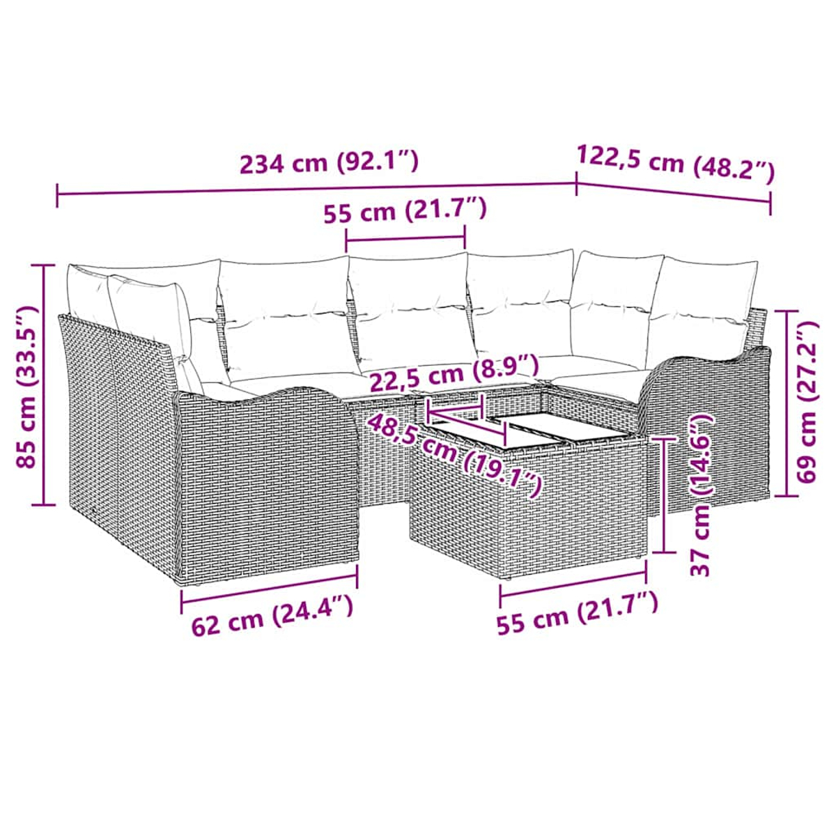 Ein Outdoor-Ecksofa mit Kissen wird zusammen mit Messungen und Abmessungen in einem Diagramm gezeigt.