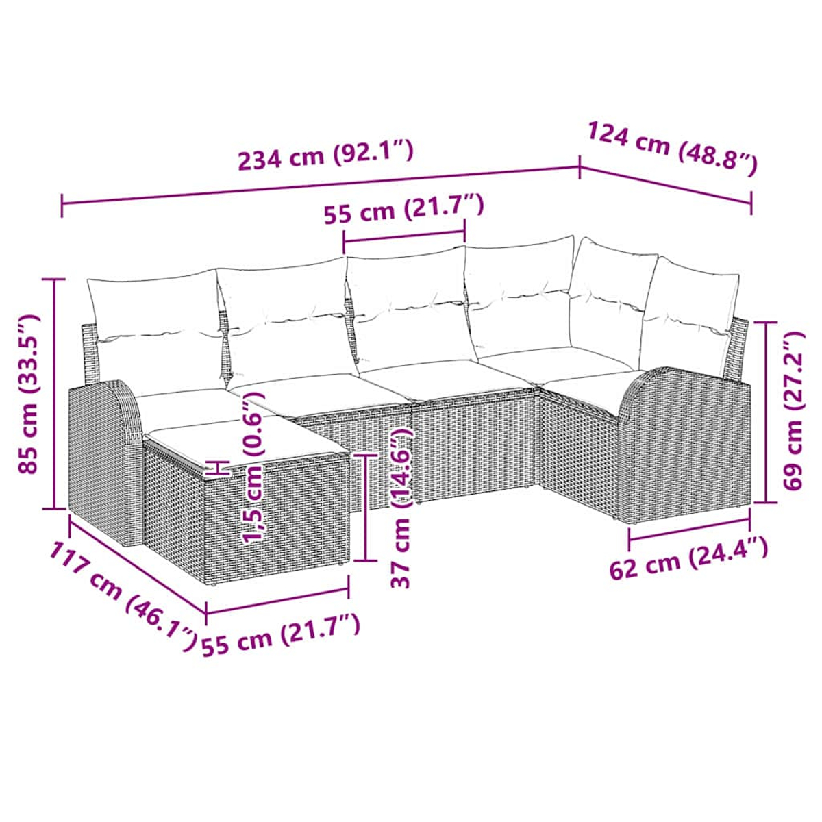 Diagramm eines Rattansofa-Sets mit Maßangaben in cm und Zoll.