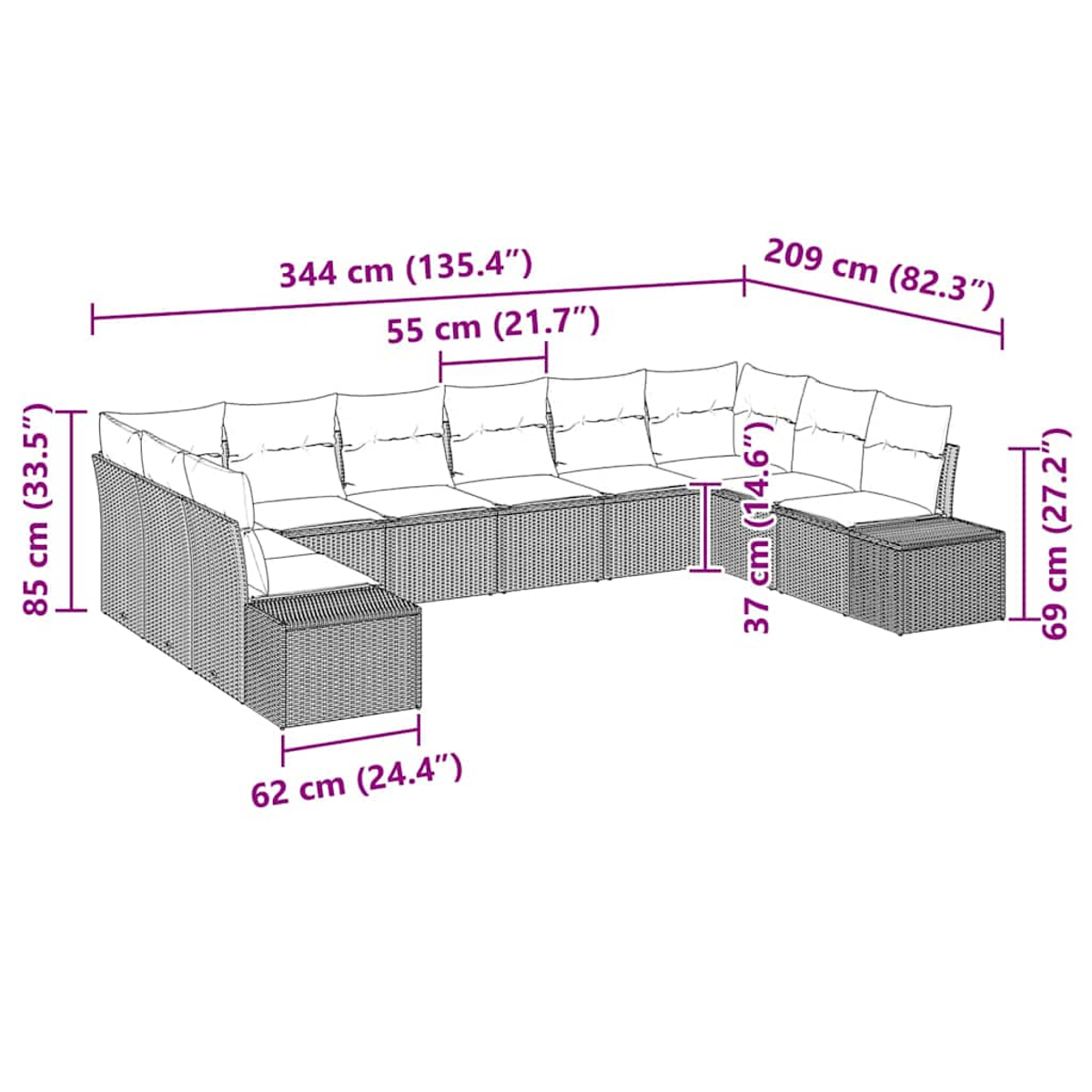 L-förmiges Rattan-Sofa mit weißen Kissen. Maße in cm und Zoll, die Größe wird angezeigt.