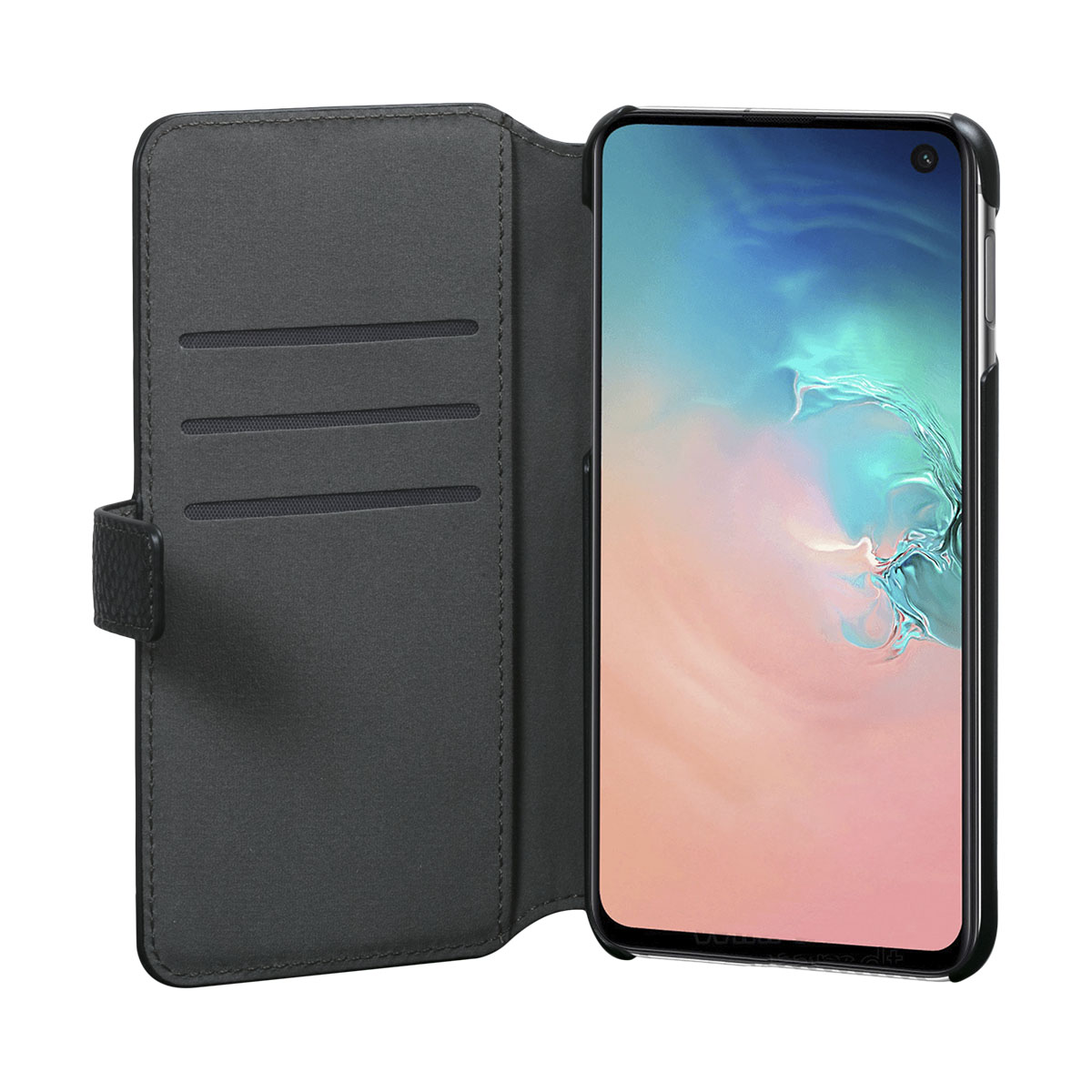 Geöffnete Handyhülle mit Telefon darin. Der Telefonbildschirm ist sichtbar, die Hülle offen.
