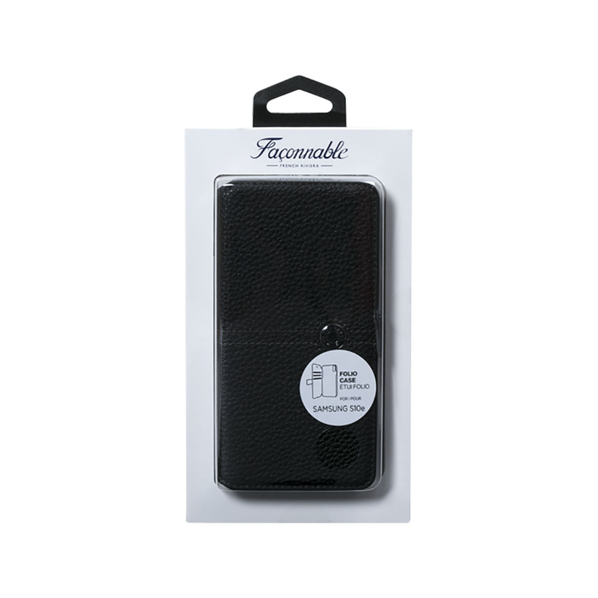 Schwarze Leder-Handyhülle in einer weißen Box. Die Box hat den Markennamen und eine Produktbeschreibung.