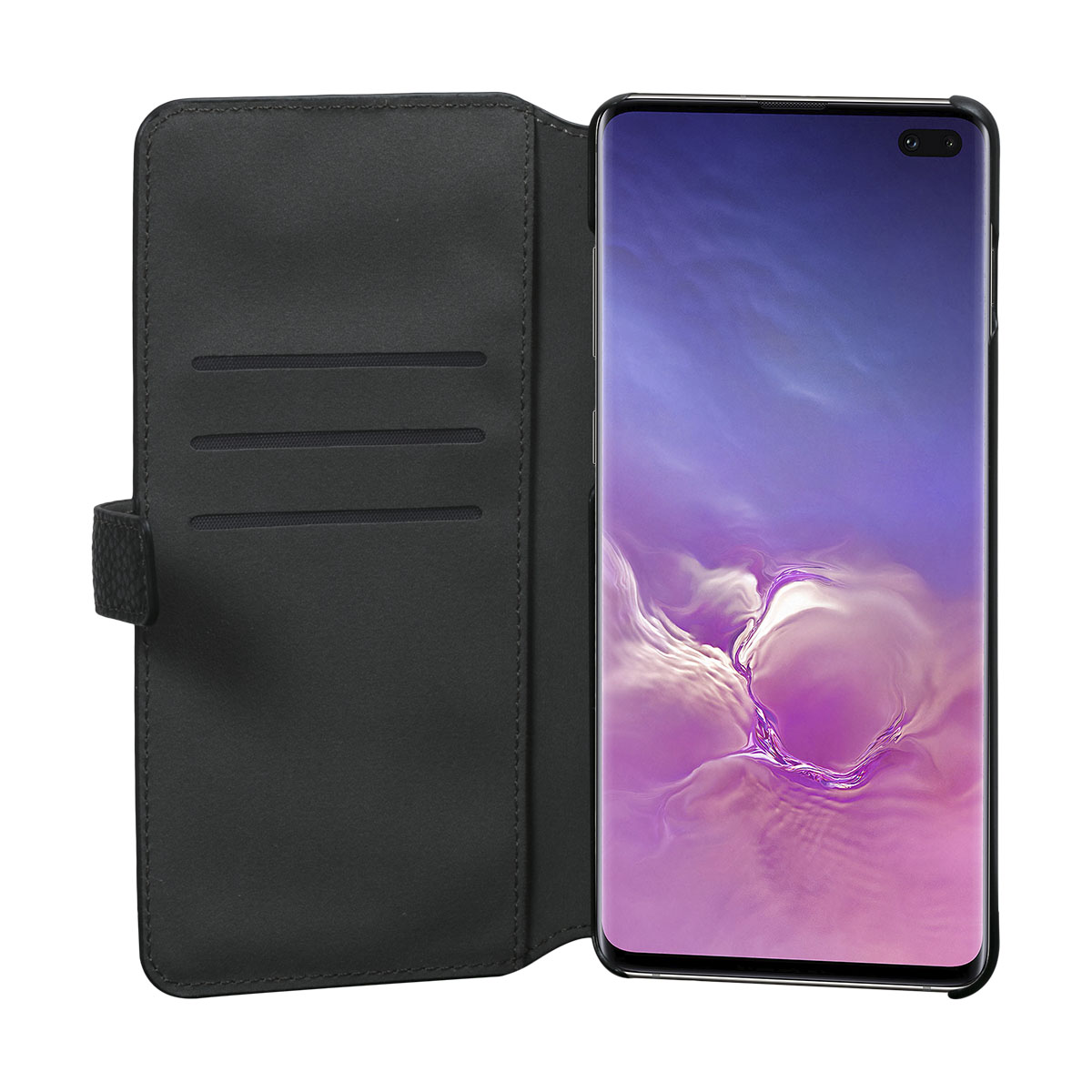 Geöffnete schwarze Leder-Handyhülle mit Telefon darin. Der Bildschirm des Telefons ist sichtbar.