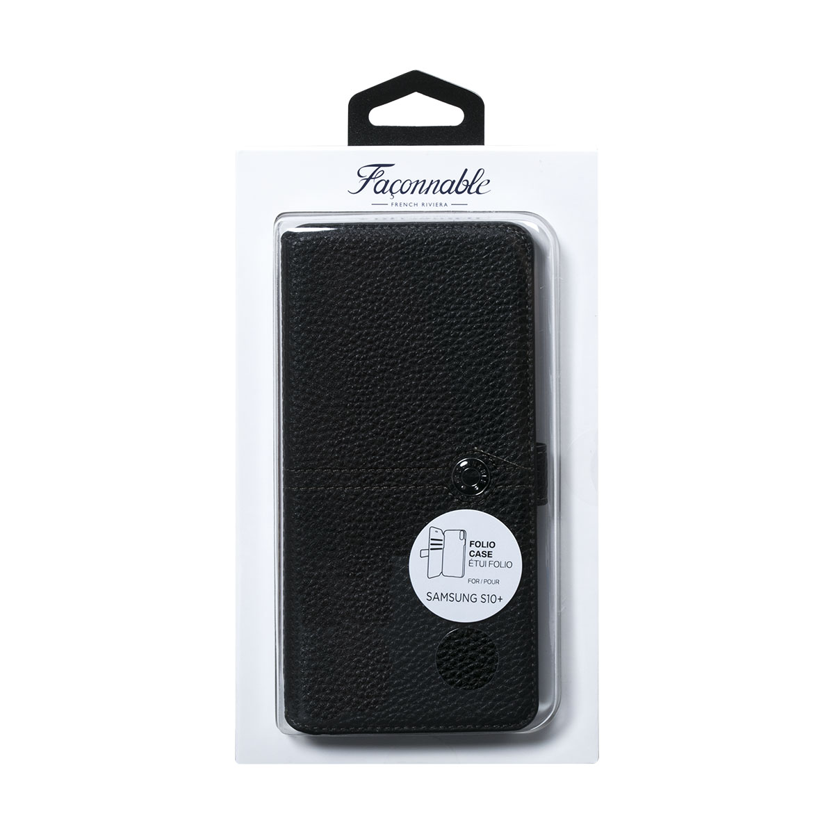 Schwarze Handyhülle in Verpackung. Die Hülle hat einen Knopfverschluss und ein rundes Logo.