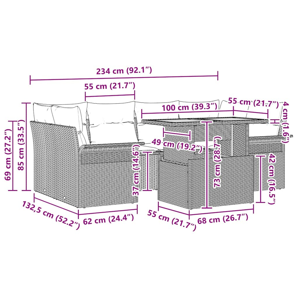 Outdoor-Rattanmöbel-Set mit Kissen. Enthält ein Sofa, einen Tisch und Stühle, mit beschrifteten Maßen.