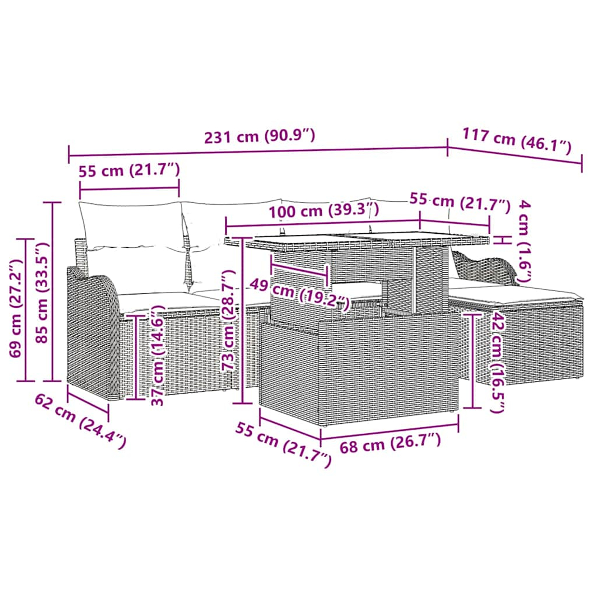 Geflochtenes Sofaset mit Maßangaben. Enthält ein Sofa, einen Sessel und einen Couchtisch.