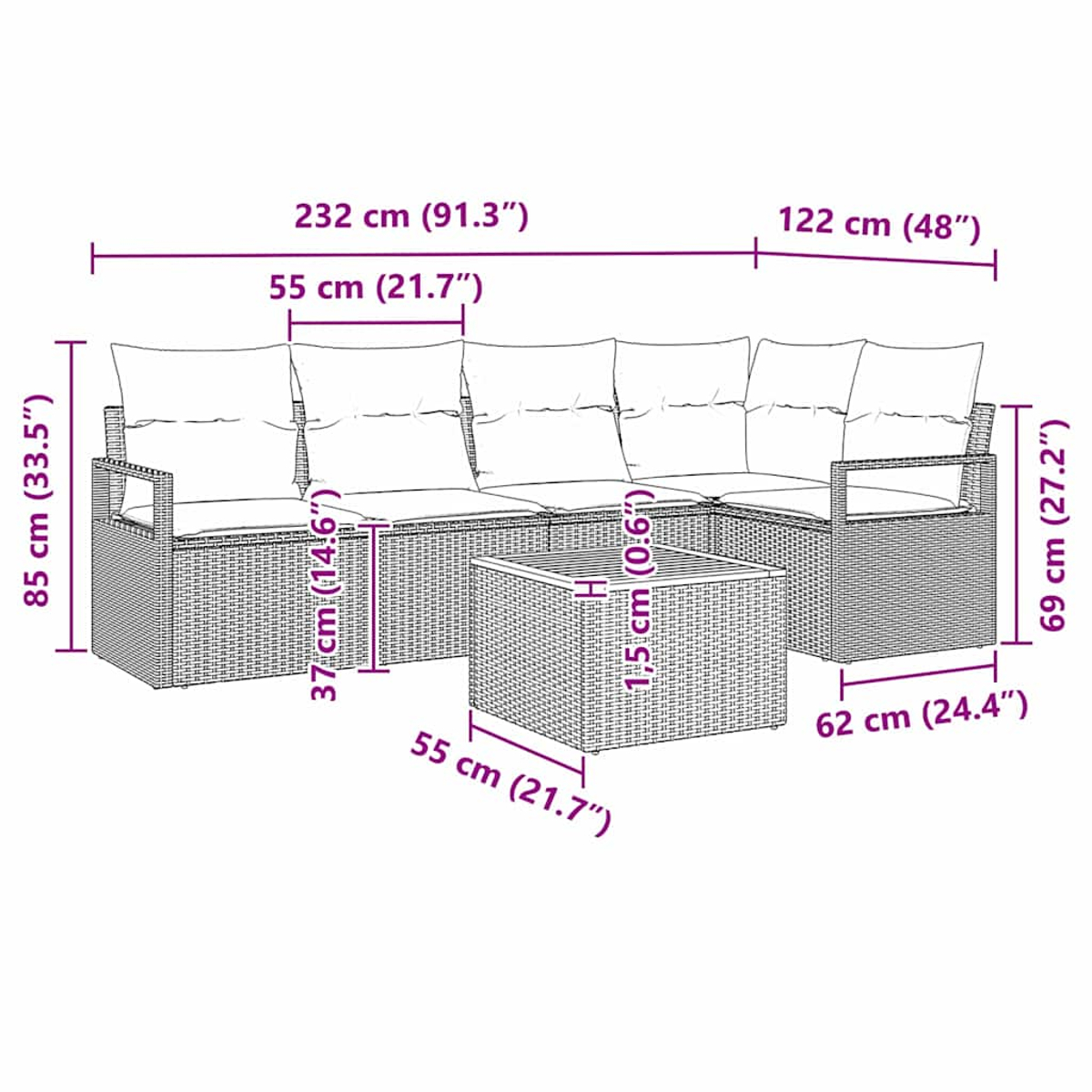 Geflochtenes Ecksofa mit Maßangaben. Mit Sofa, Eckteil und Couchtisch.