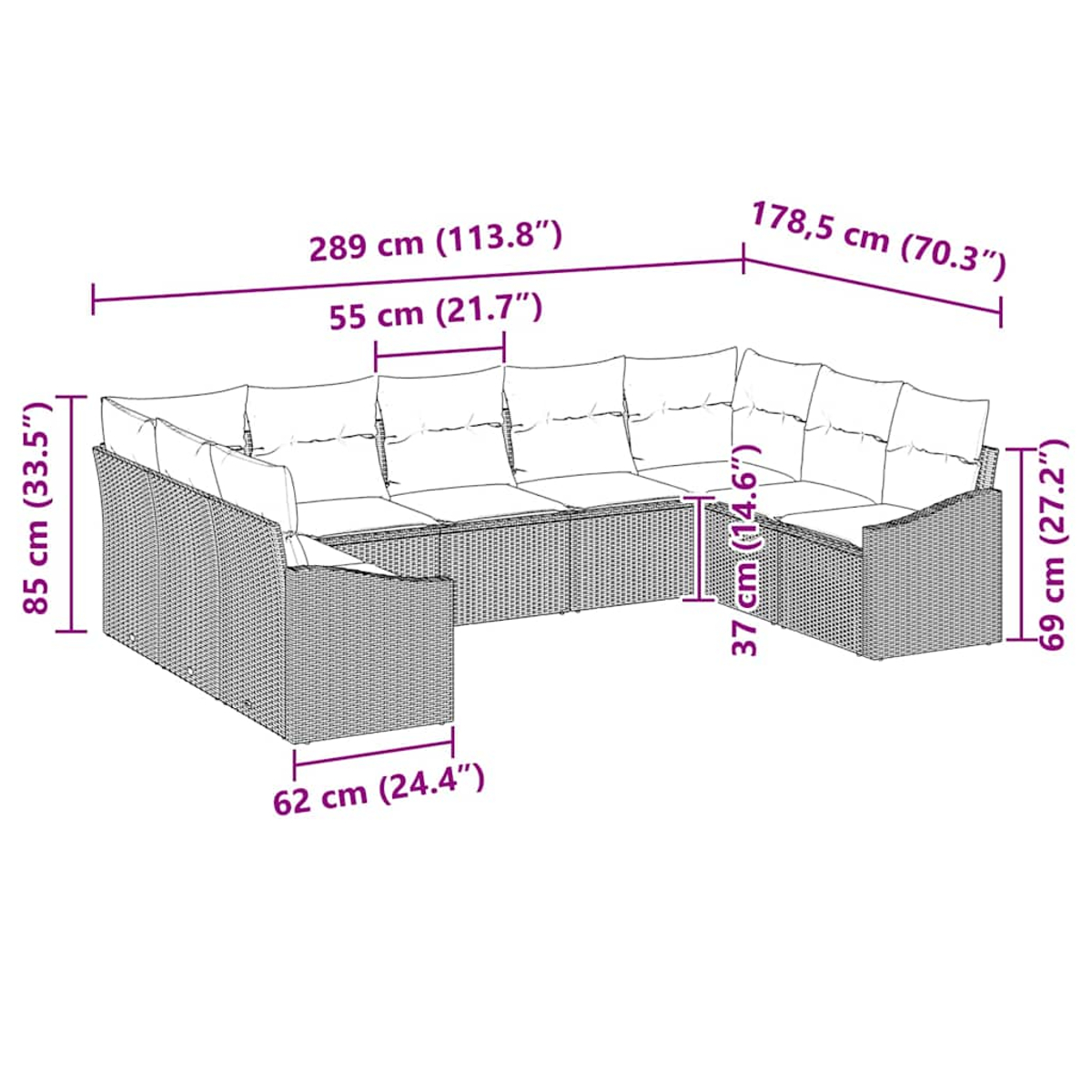 Ein Ecksofa aus Korbgeflecht mit Kissen und Maßangaben in cm und Zoll.
