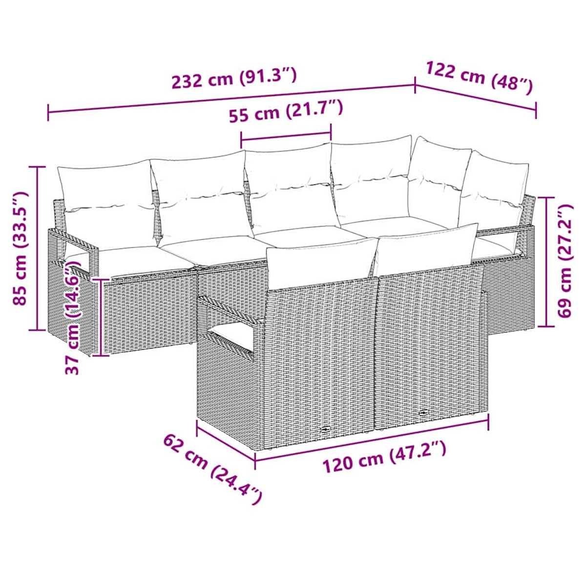 Ein Ecksofa und ein Hocker aus Korbgeflecht mit Kissen und Maßangaben.