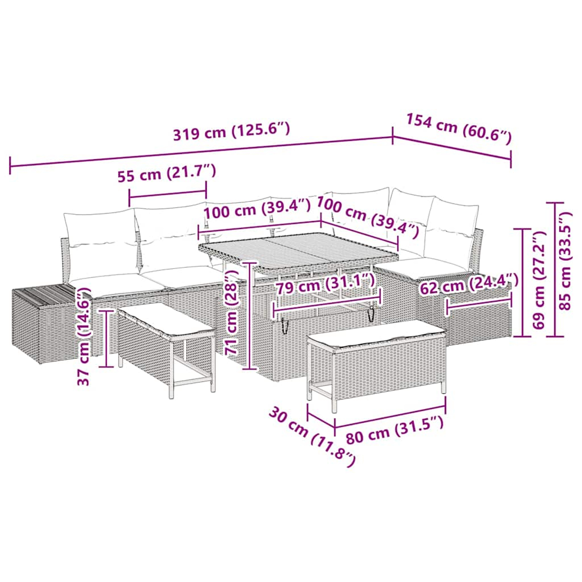 Gartenmöbel-Set aus Korbgeflecht mit Sofas, Tisch und Ottomane. Abmessungen sind beschriftet.