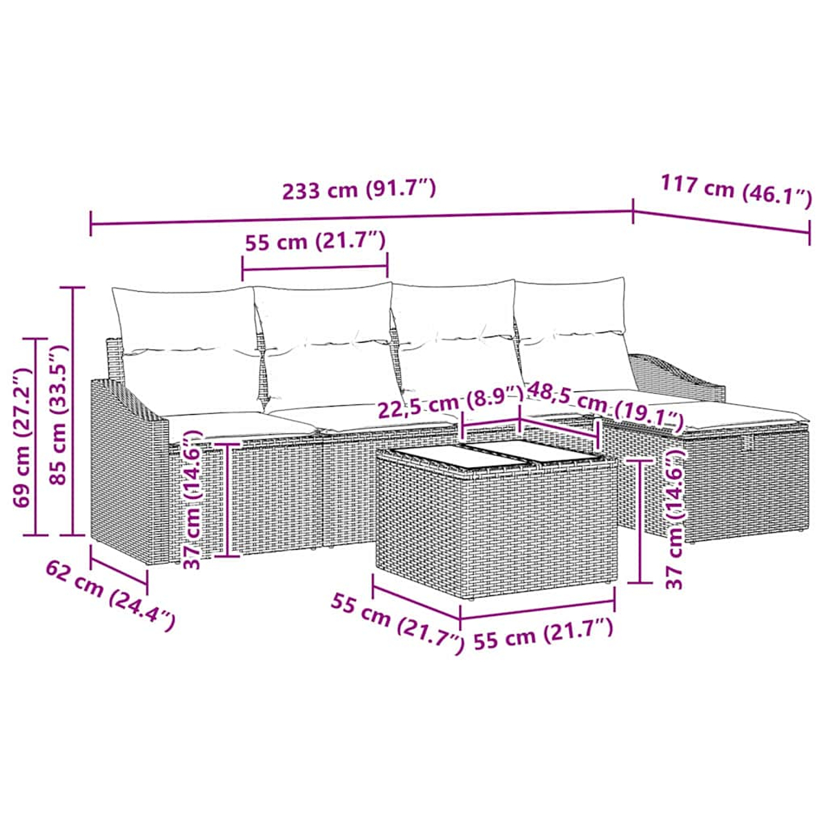 Ein Gartenmöbel-Set aus Korbgeflecht, einschließlich Sofa, Tisch und einer Bank, mit Maßangaben.