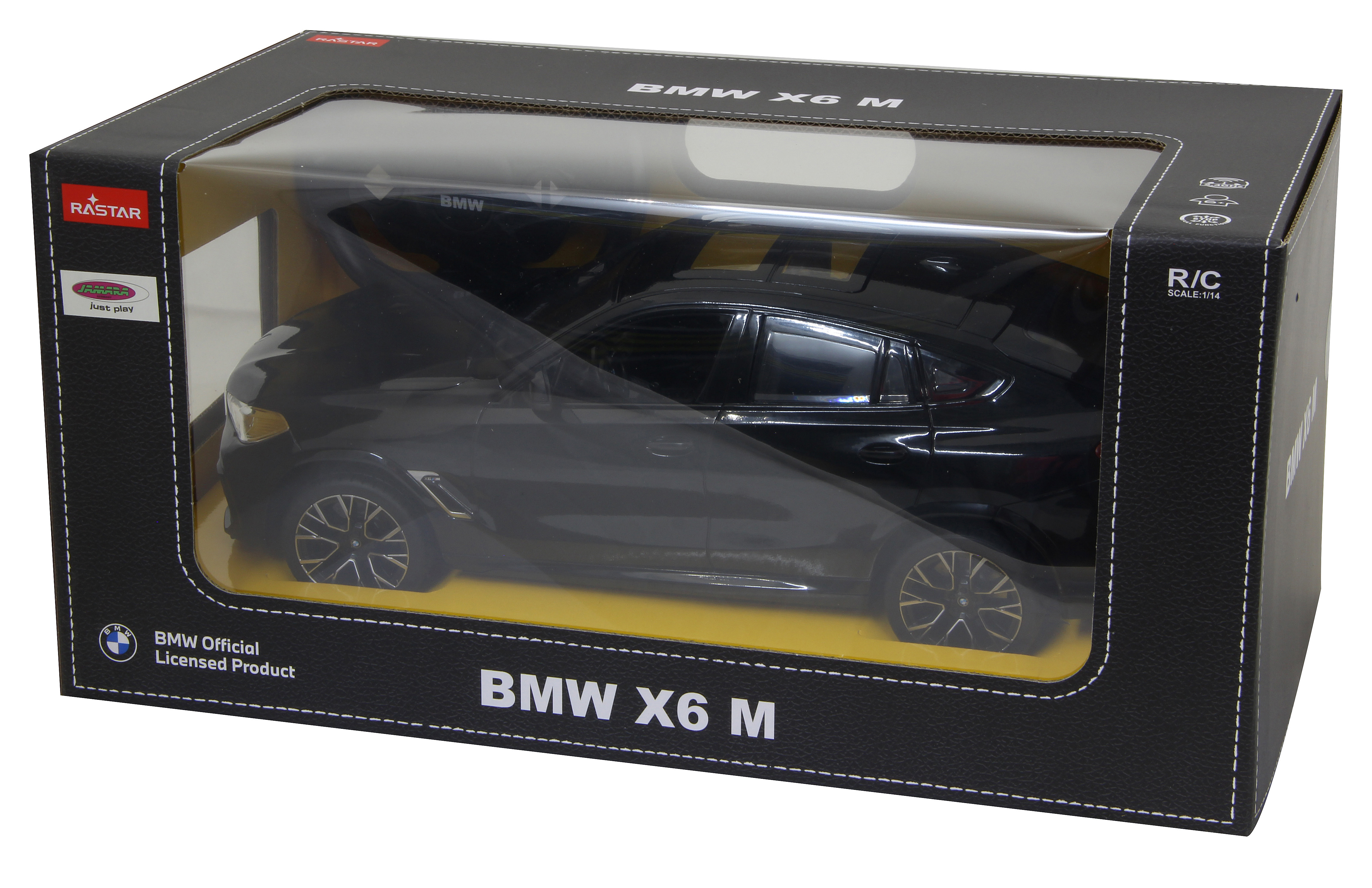 Ein schwarzes BMW X6 M Spielzeugauto befindet sich in einer Box. Die Box hat das BMW-Logo und ein klares Plastikfenster.