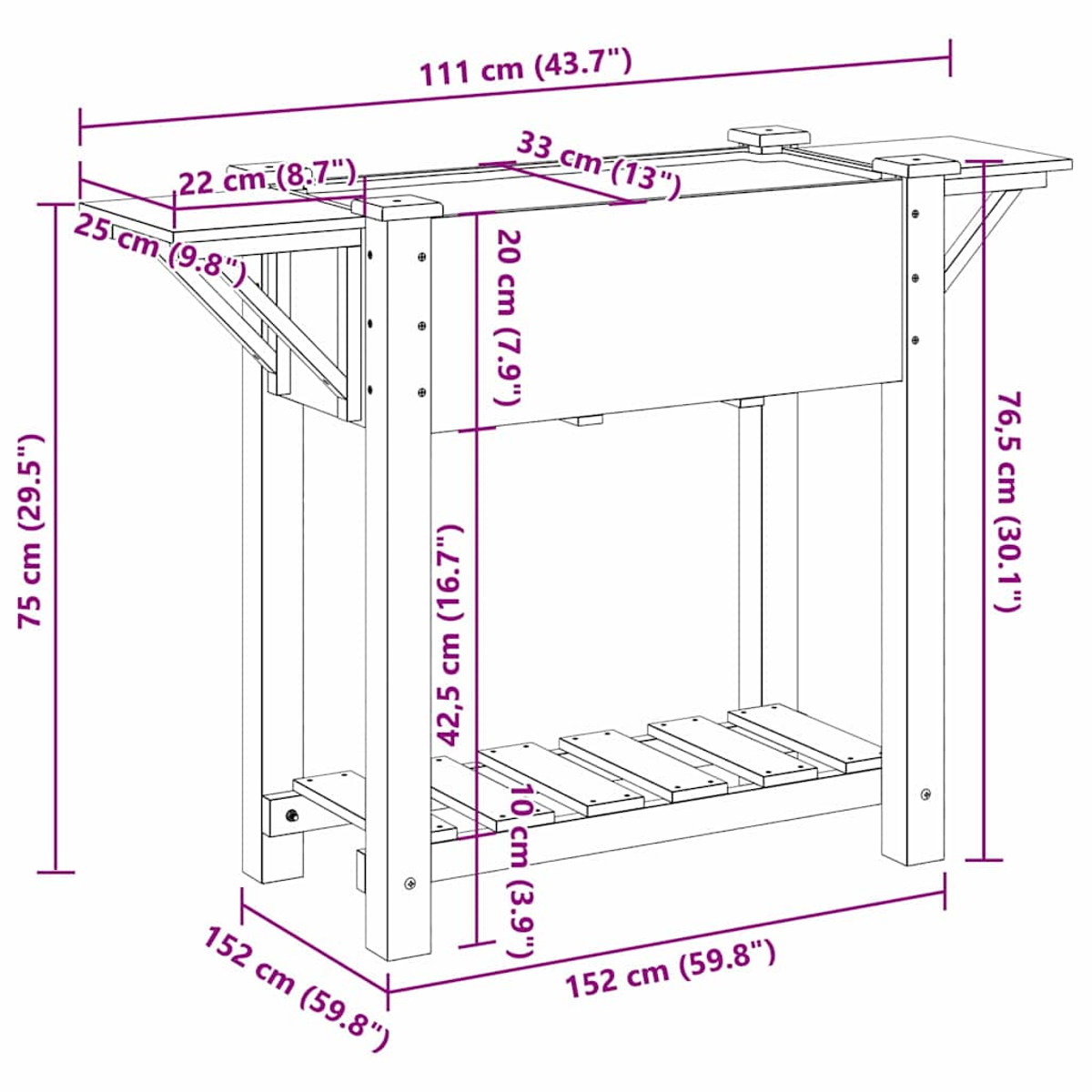 Un diagramma di una fioriera in legno con dimensioni. Mostra la vista frontale, laterale e dall'alto della fioriera.