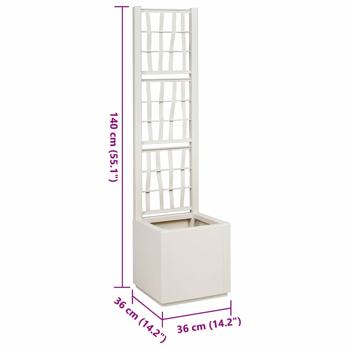 Fioriera alta bianca con traliccio. Base e parte superiore quadrate. Sfondo bianco.