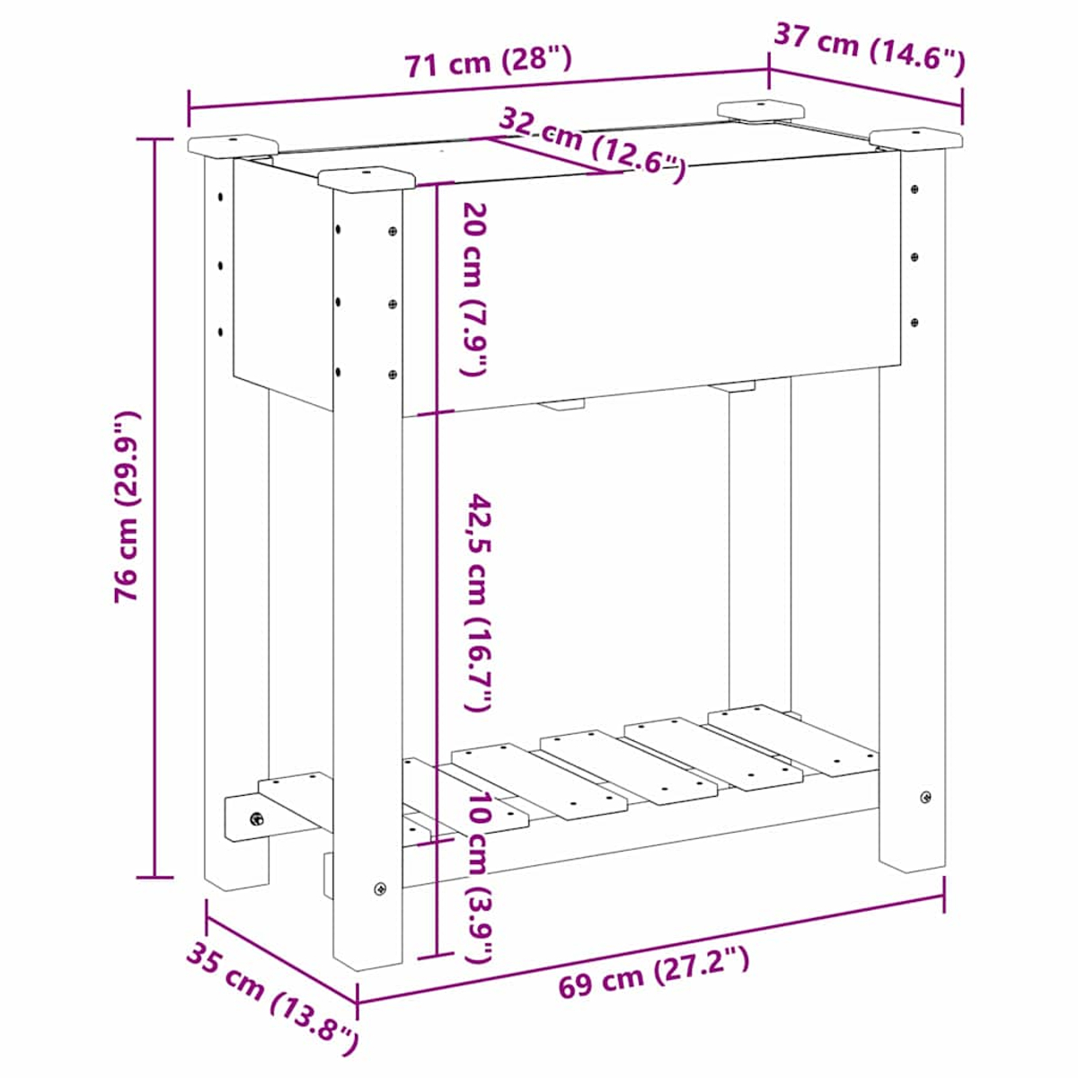 Una fioriera in legno bianco con dimensioni indicate. Ha gambe e un ripiano. Vengono fornite le misure.