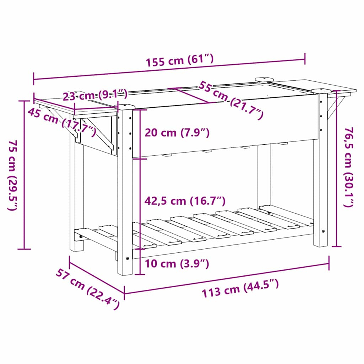 Una fioriera in legno bianco con dimensioni indicate. Ha un ripiano. Vengono fornite le misure. Vista laterale.