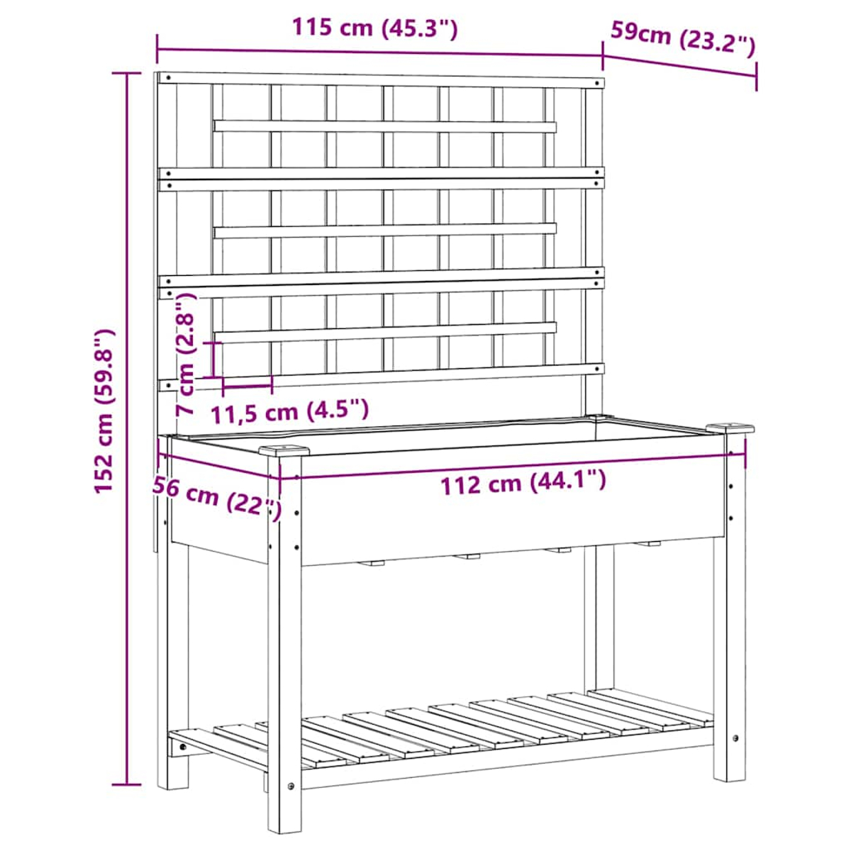 Una fioriera in legno bianco con dimensioni indicate. Ha un ripiano. Vengono fornite le misure. Vista laterale.