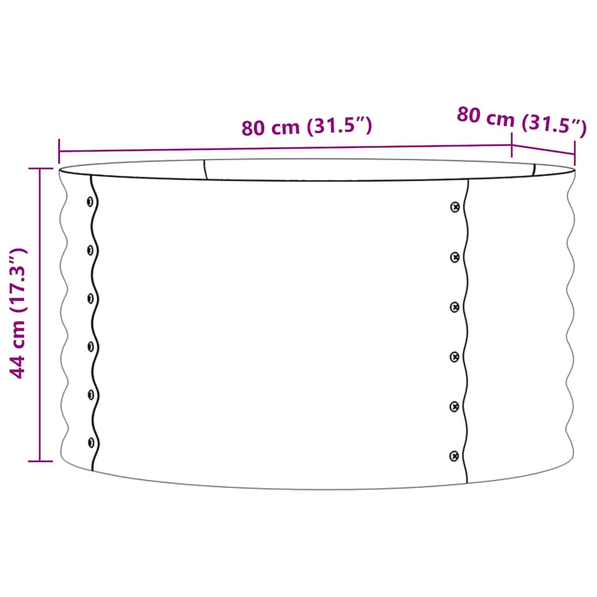 Fioriera cilindrica con dimensioni: diametro 80 cm, altezza 44 cm.
