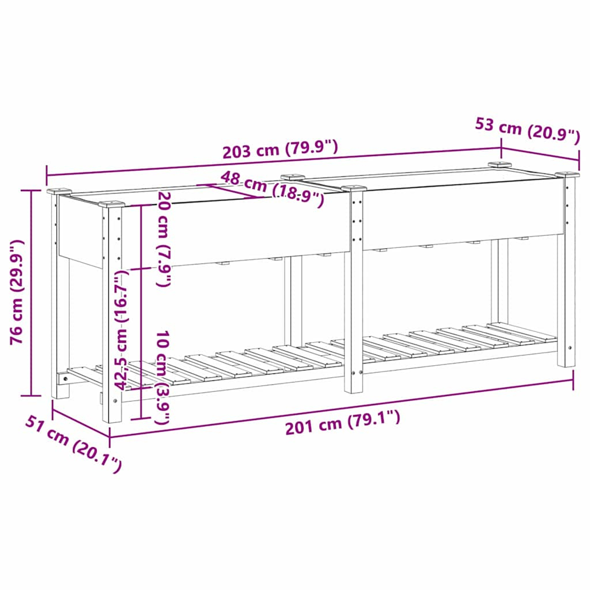 Fioriera in legno con dimensioni: 203cm lunghezza, 53cm larghezza, 76cm altezza.