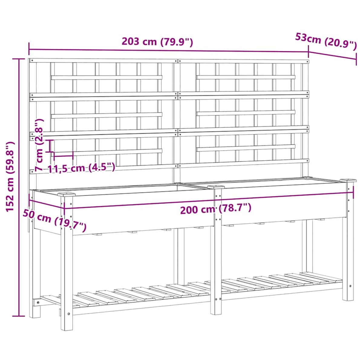 Fioriera in legno con dimensioni. Ha un traliccio, un'area di piantagione rettangolare e un ripiano inferiore per le piante.