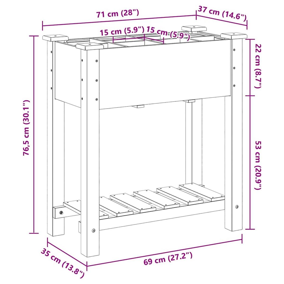 Fioriera in legno con dimensioni. Ha quattro gambe, un ripiano inferiore e un'area di piantagione rettangolare.