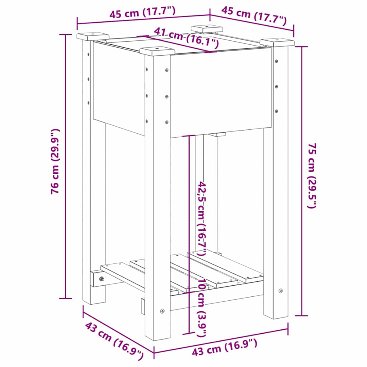 Fioriera in legno, dimensioni: lati 45cm, altezza 76cm, con ripiano.