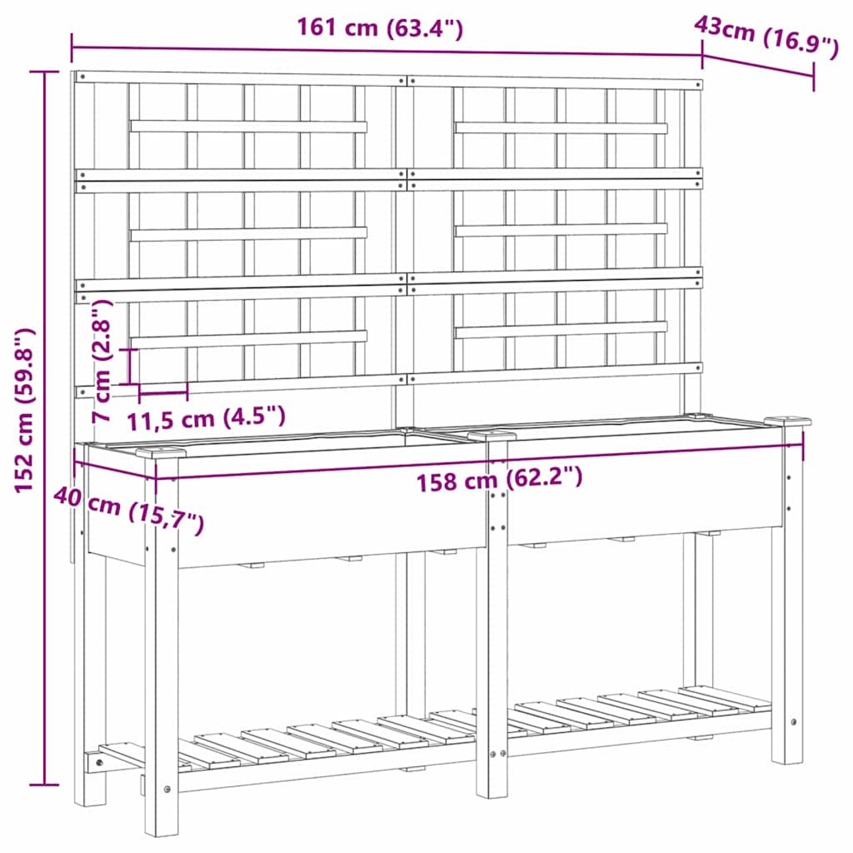 Fioriera in legno con dimensioni. Ha un traliccio, un'area di piantagione rettangolare e un ripiano inferiore per le piante.