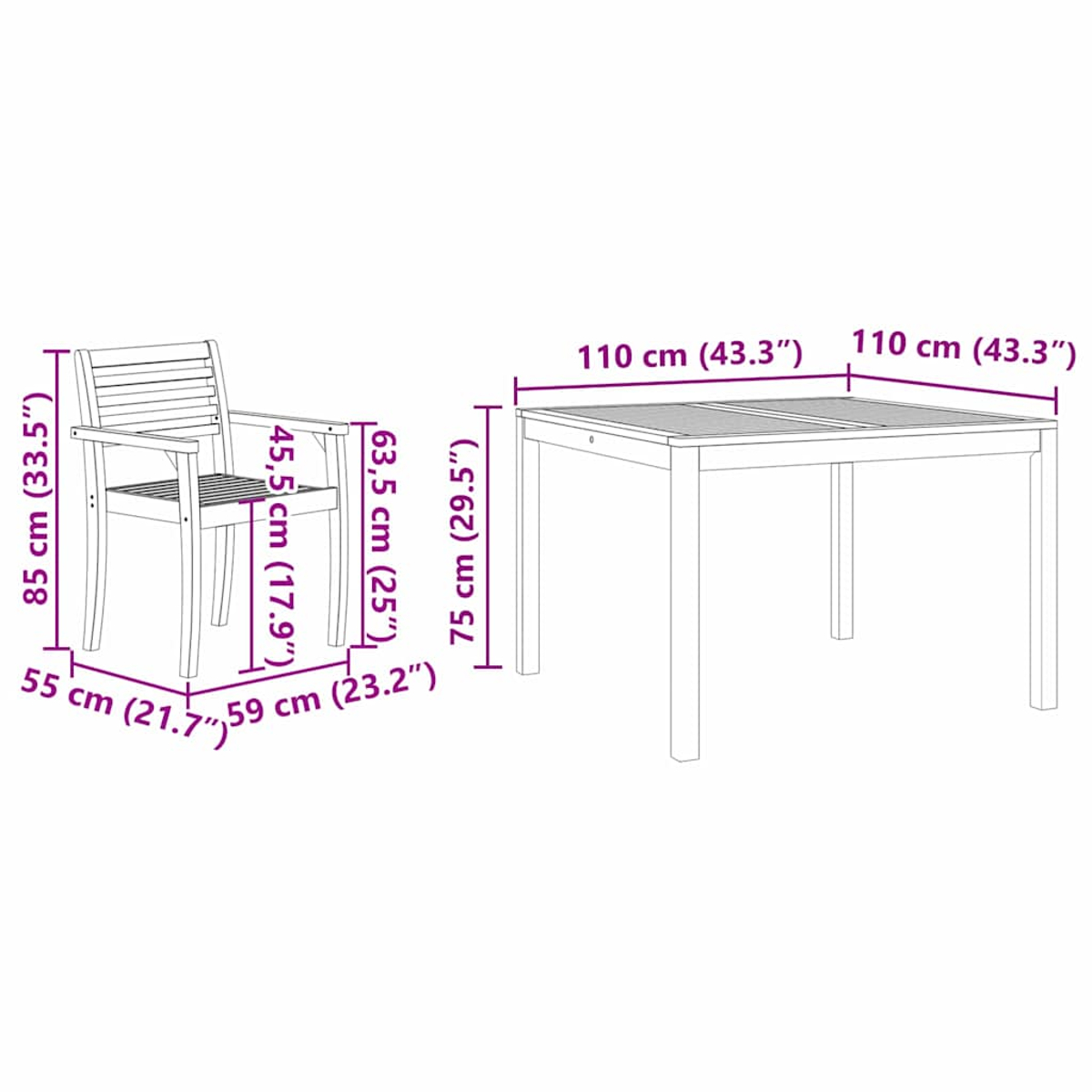 Juego de mesa y silla de madera. Se muestran las dimensiones.