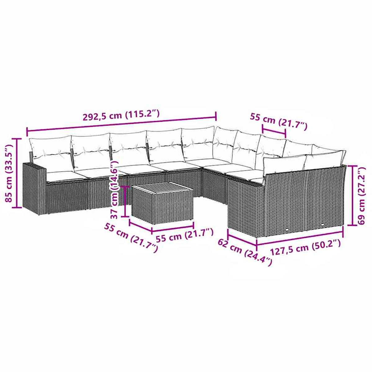 Geflechtes Ecksofa mit Tisch. Maße in Zoll angegeben. Graue Kissen oben.