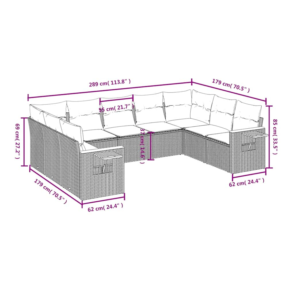 U-förmiges Outdoor-Sofa mit angegebenen Abmessungen.